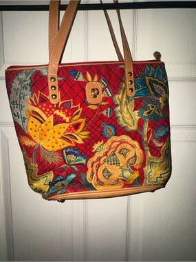 Vintage Eric Javits Red Floral Embroidered Tote with Tan Straps